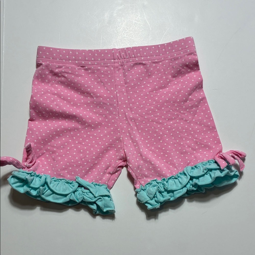 Eleanor Rose Pink Polka Dot Ruffle Shorts with Aqua Trim